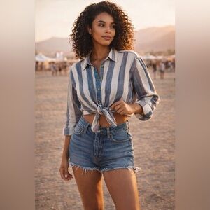 BKE Blue and White Striped Tie-Front Button-Down Shirt